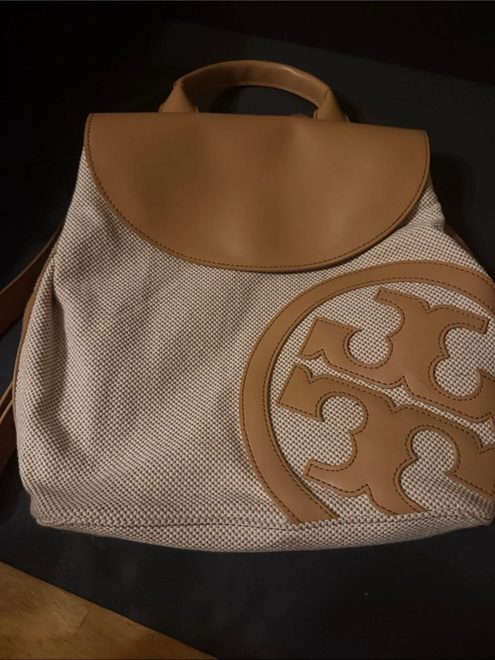 Tory Burch Cream Canvas Backpack with Tan Leather Trim